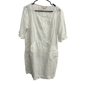 Boden White Linen Dress 3/4 Sleeves Ruffled Cuffs Sz M Coastal Beachy
